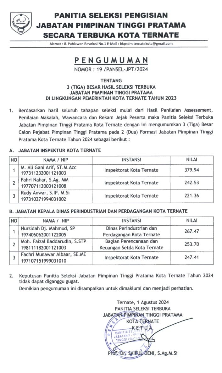 Pengumuman Timsel JPT Pratama di Lingkup Pemkot Ternate